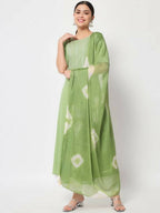 FIORRA Women's Pista Green Poly Crepe Flared Kurta With Dupatta | Grocsy