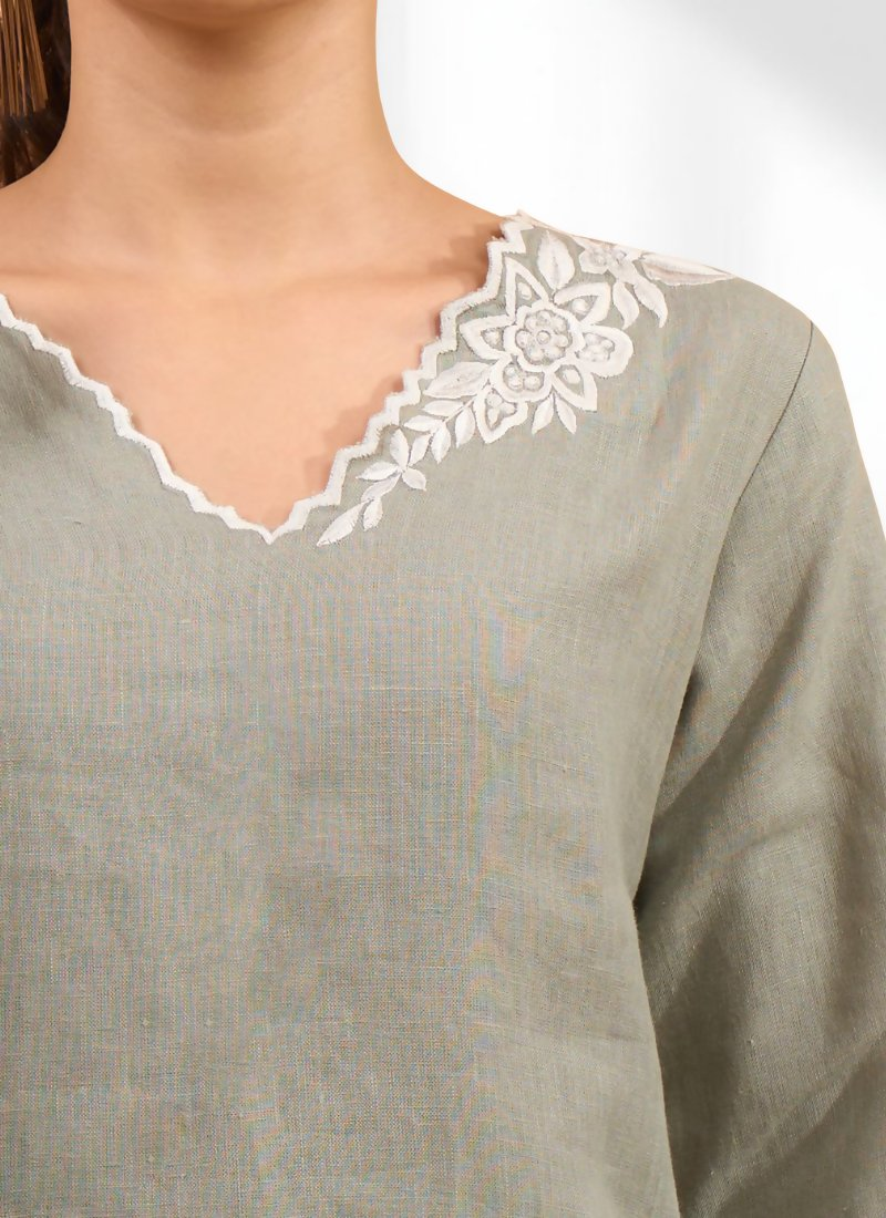 Joban Fashion Gray Linen Embroidered Readymade Long Kurta With Pant | Grocsy