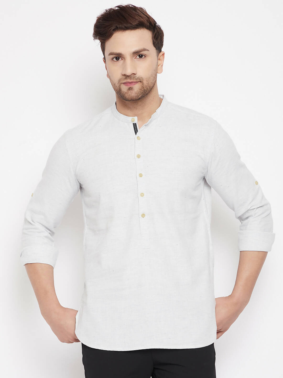 Even Apparels Cream Acrylic Short Men's Kurta With Band Collar | Grocsy