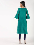 Aniyah Cotton Bell Sleeve Solid Straight Kurta In Turquoise Color (AN-147K) | Grocsy