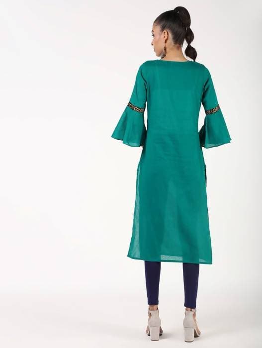 Aniyah Cotton Bell Sleeve Solid Straight Kurta In Turquoise Color (AN-147K) | Grocsy