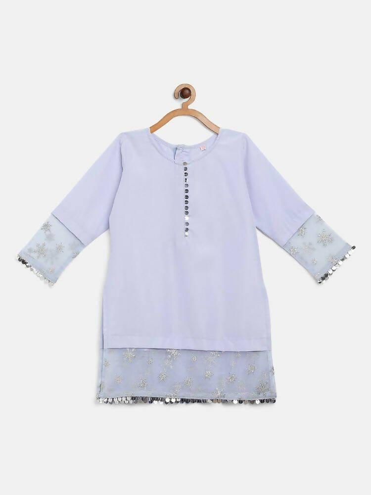 Ahalyaa Blue Crepe Silver Glitter Print Kids Kurta Palazzo Set With Dupatta For Girls | Grocsy