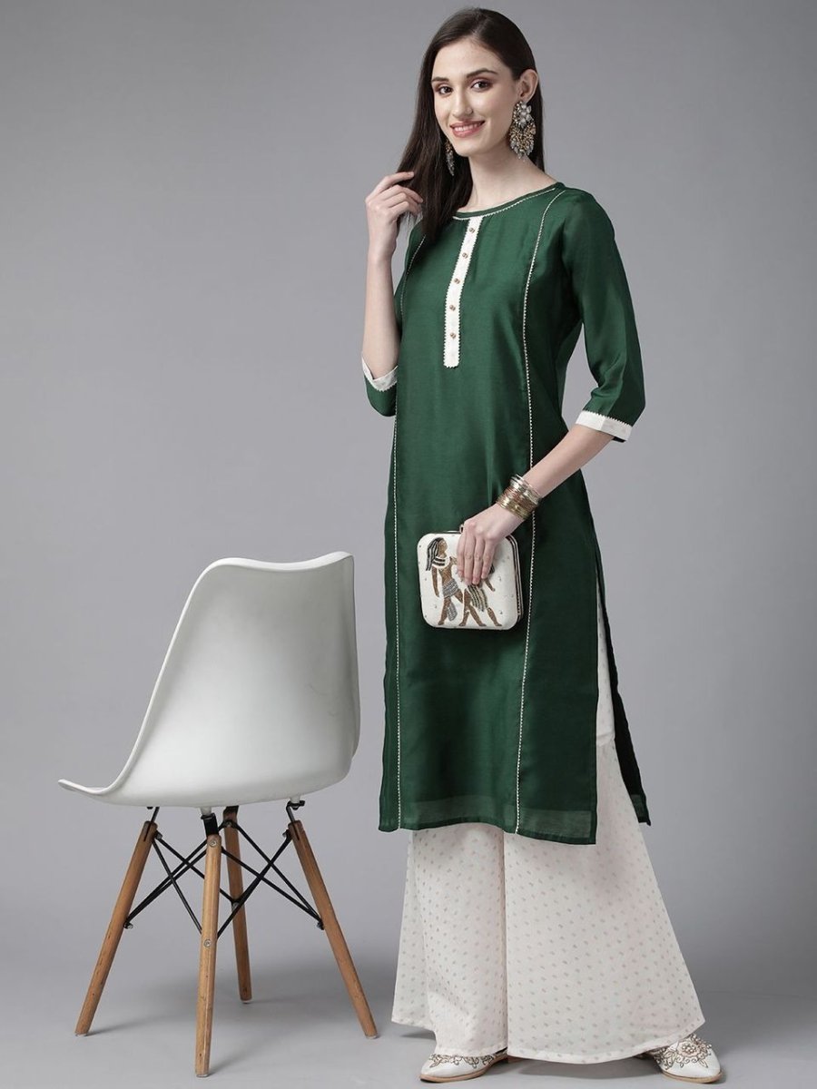 Ahalyaa Women Dark Green Plain Chanderi Kurta with Sharara Set | Grocsy