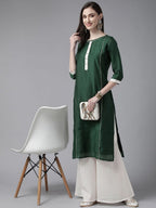 Ahalyaa Women Dark Green Plain Chanderi Kurta with Sharara Set | Grocsy