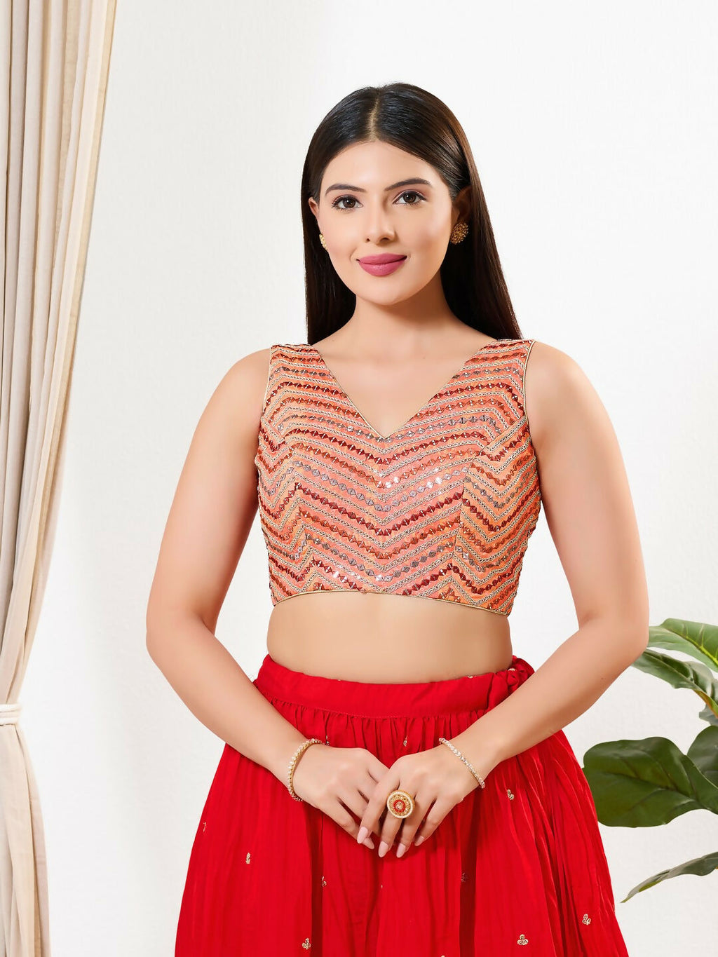 Joban Fashion Light Red Silk Padded Blouse With V Neck Sleeveless | Grocsy