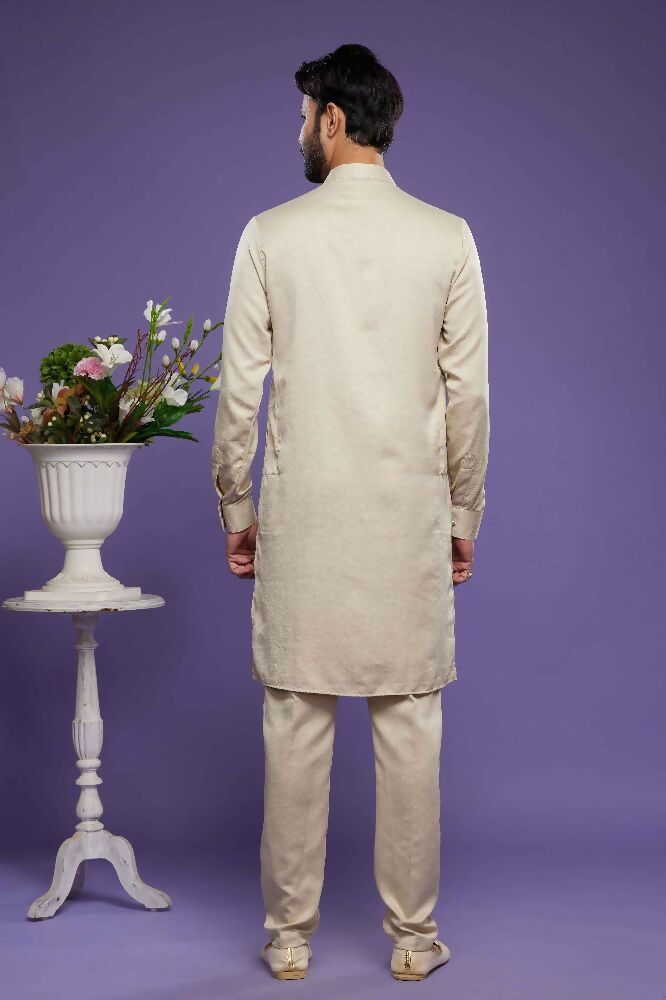 Raivat Ethnic Art Banarasi Silk Thread Work Kurta Pajama In Beige Colour | Grocsy