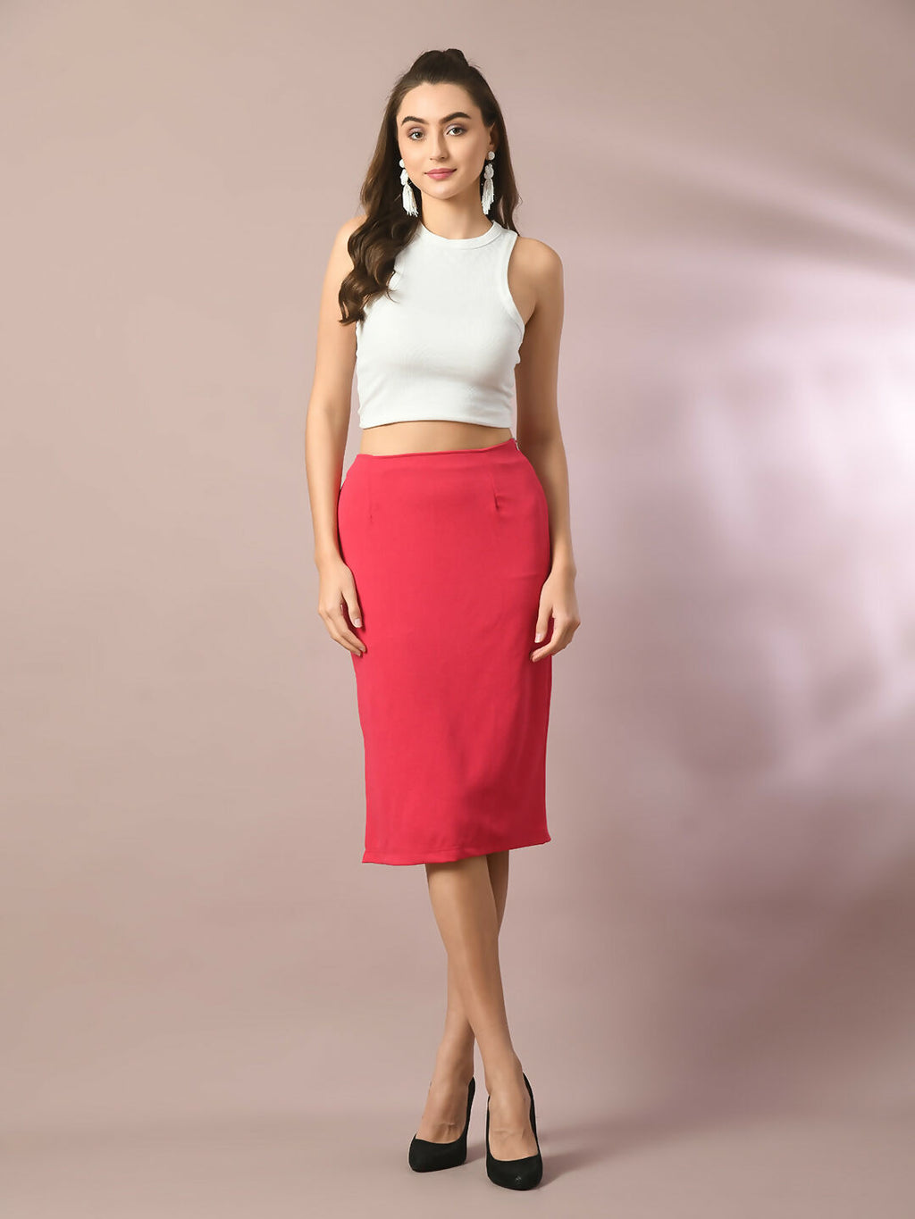 Myshka Women's Pink Solid Knee Length Party Embellished Skirts | Grocsy