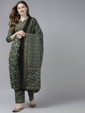 Yufta Women Olive Green Floral Yoke Design Pure Cotton Kurta with Palazzo and Dupatta | Grocsy