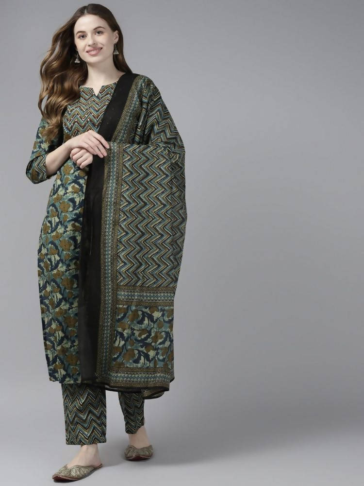 Yufta Women Olive Green Floral Yoke Design Pure Cotton Kurta with Palazzo and Dupatta | Grocsy