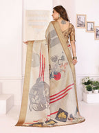 Joban Fashion Beige Art Print pattern Banarasi Silk Sarees | Grocsy