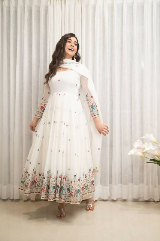 Joban Fashion White Georgette Sequence Embroidery Work Readymade Kurta Set | Grocsy