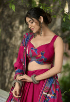 Vastranavya Polyester Viscose Chanderi Lehenga Choli With Intricate Print And Dupatta - Pink | Grocsy