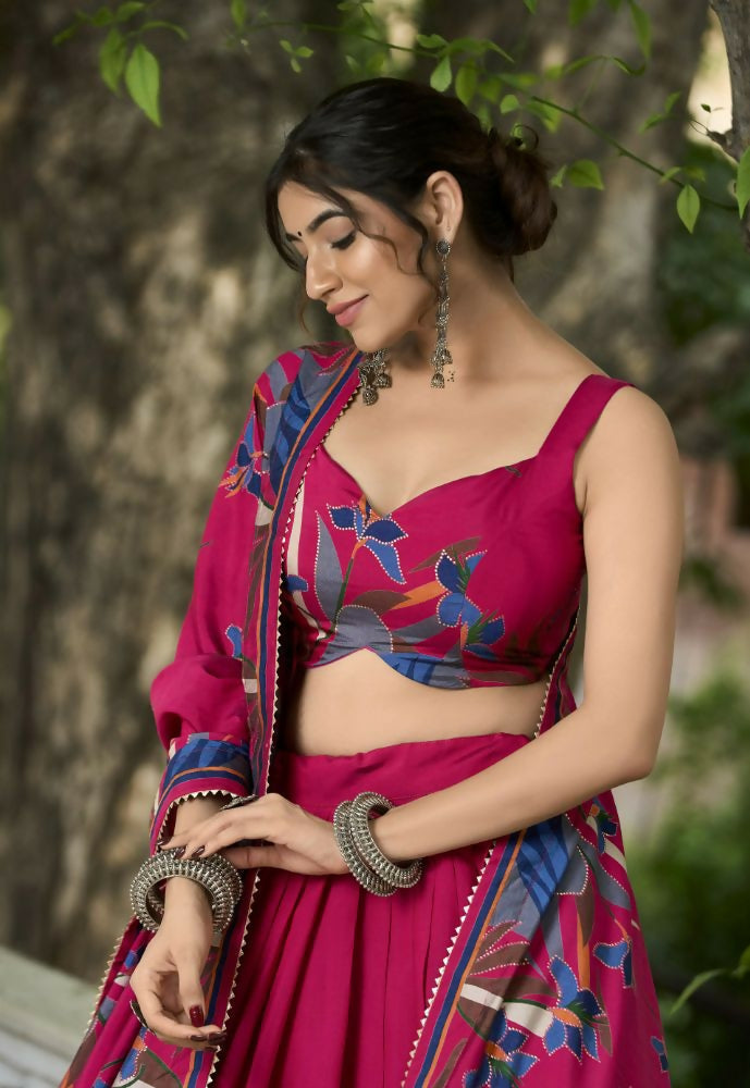 Vastranavya Polyester Viscose Chanderi Lehenga Choli With Intricate Print And Dupatta - Pink | Grocsy