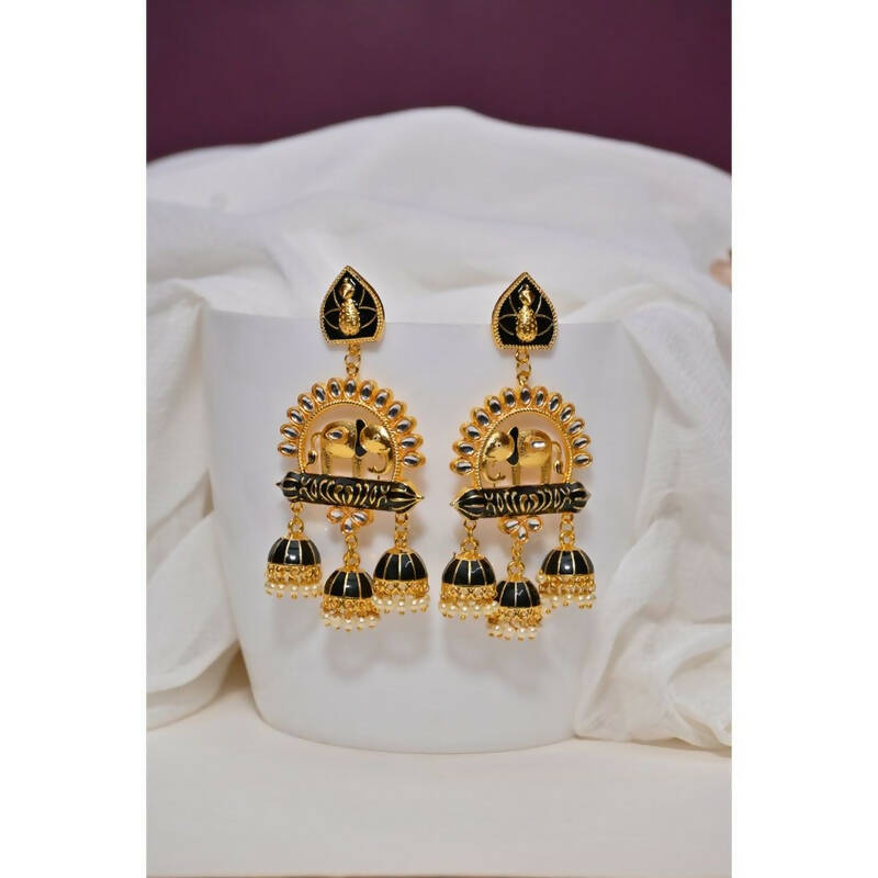 Traditional Gold-Polished Elephant Design Kundan Black Jhumka Jhumki Earrings By House of Ree - House of Ree