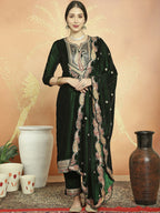 Jyoti Fashion Women's Green Velvet Cording with Resham Thread & Sequin Kurta with Trouser & Dupatta | Grocsy