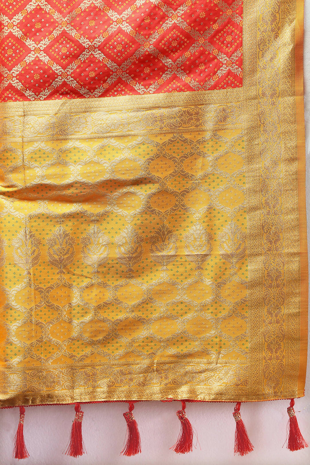 Lorenvalley Fashion Red & Yellow Patola Silk Woven Design Meenakari Weaving Saree | Grocsy