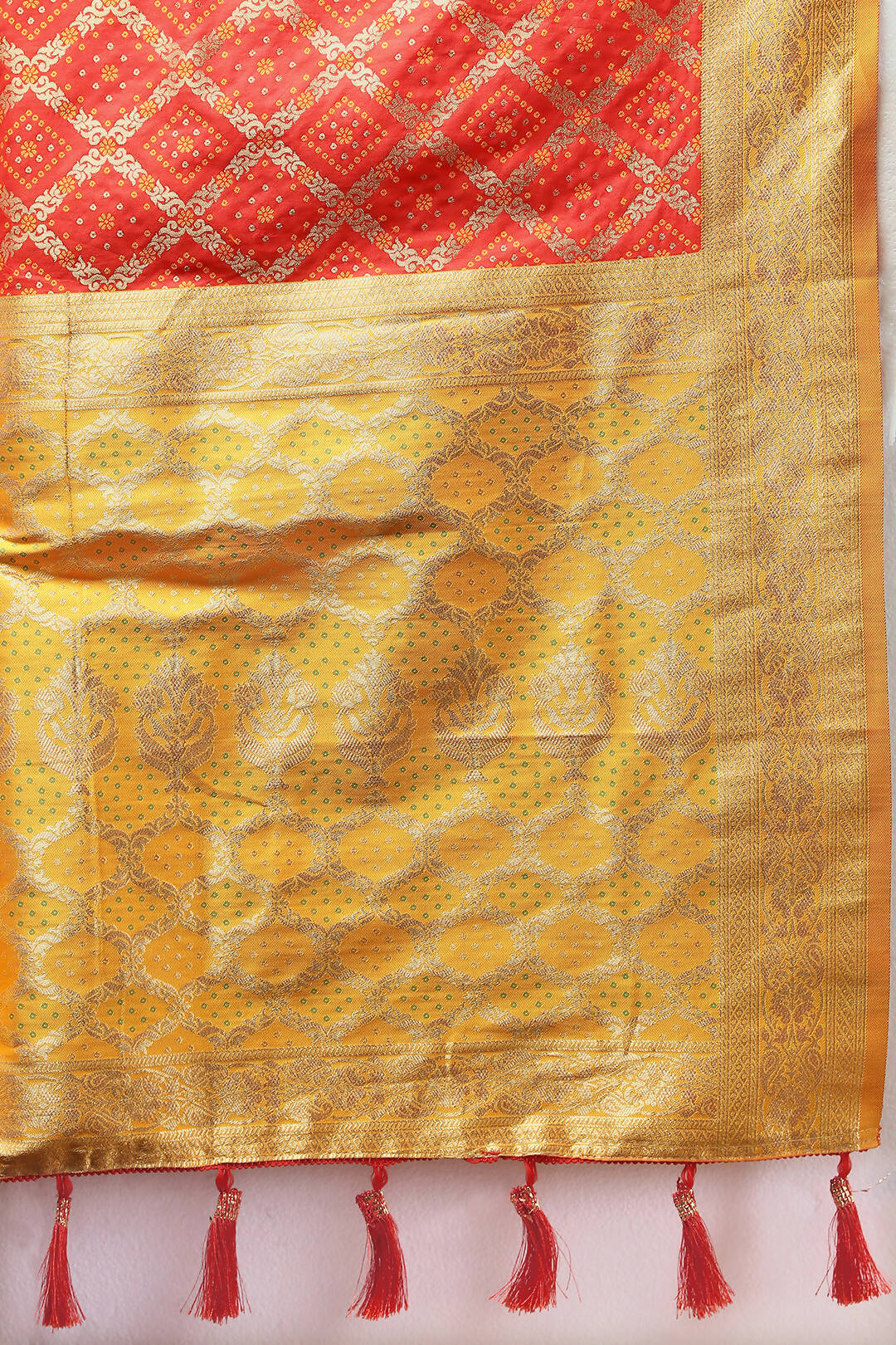 Lorenvalley Fashion Red & Yellow Patola Silk Woven Design Meenakari Weaving Saree | Grocsy