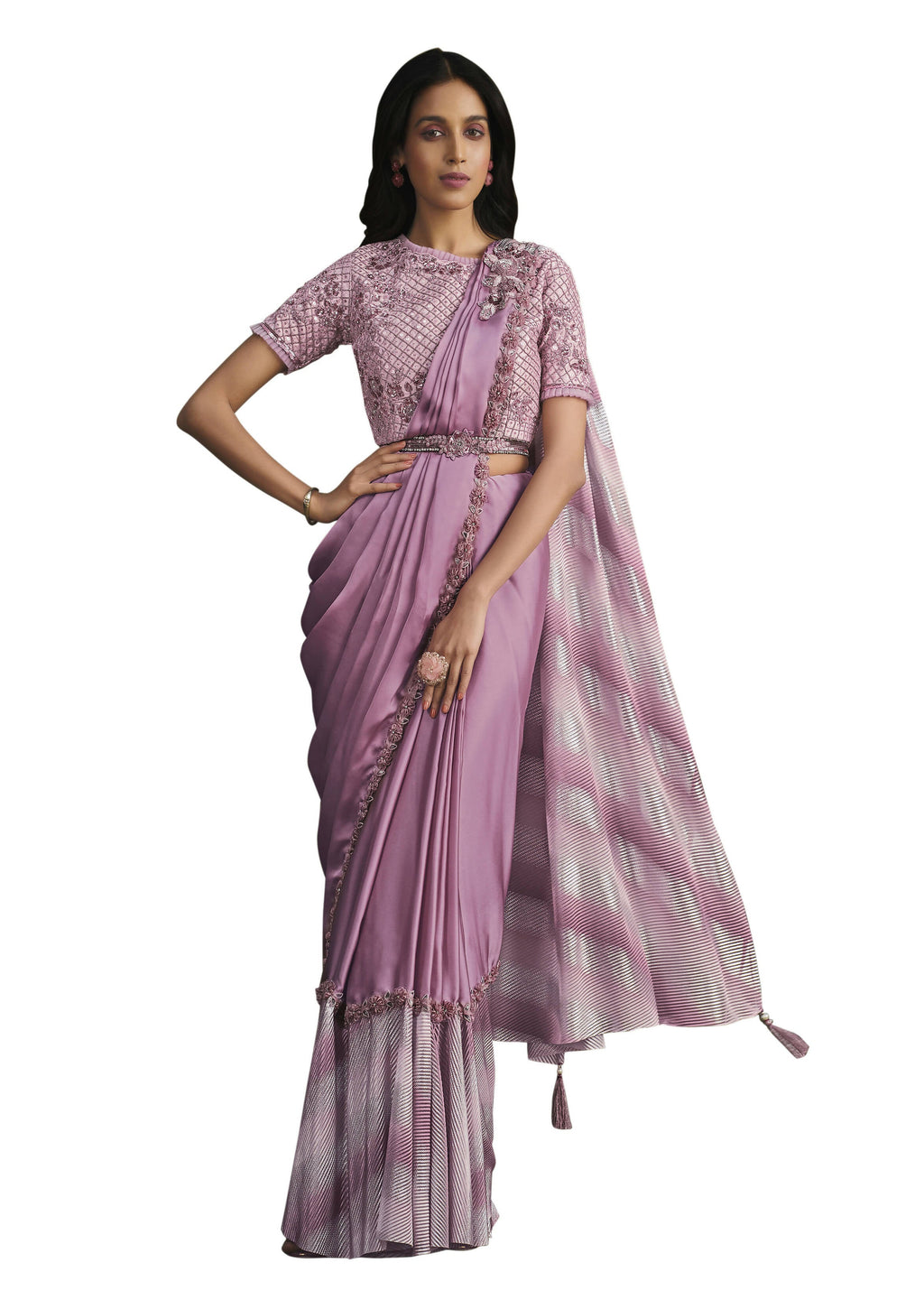 Light Purple Satin Silk Sequence Embroidered Saree With Stitched Blouse - Mohmanthan La Belle | Grocsy