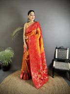 Joban Fashion Yellow And Red Geometric Pattern Soft Silk Patola Saree | Grocsy