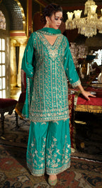 Anaita Turquoise Chinon Stitched Suit with Embroidery Codding Sequence Work | Grocsy