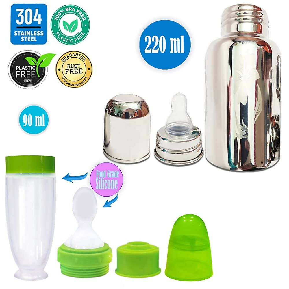 Goodmunchkins Stainless Steel Feeding Bottle with Spoon Food Feeder for Baby Anti Colic Silicon Nipple Feeder 220 ml Combo Pack-Green | Grocsy