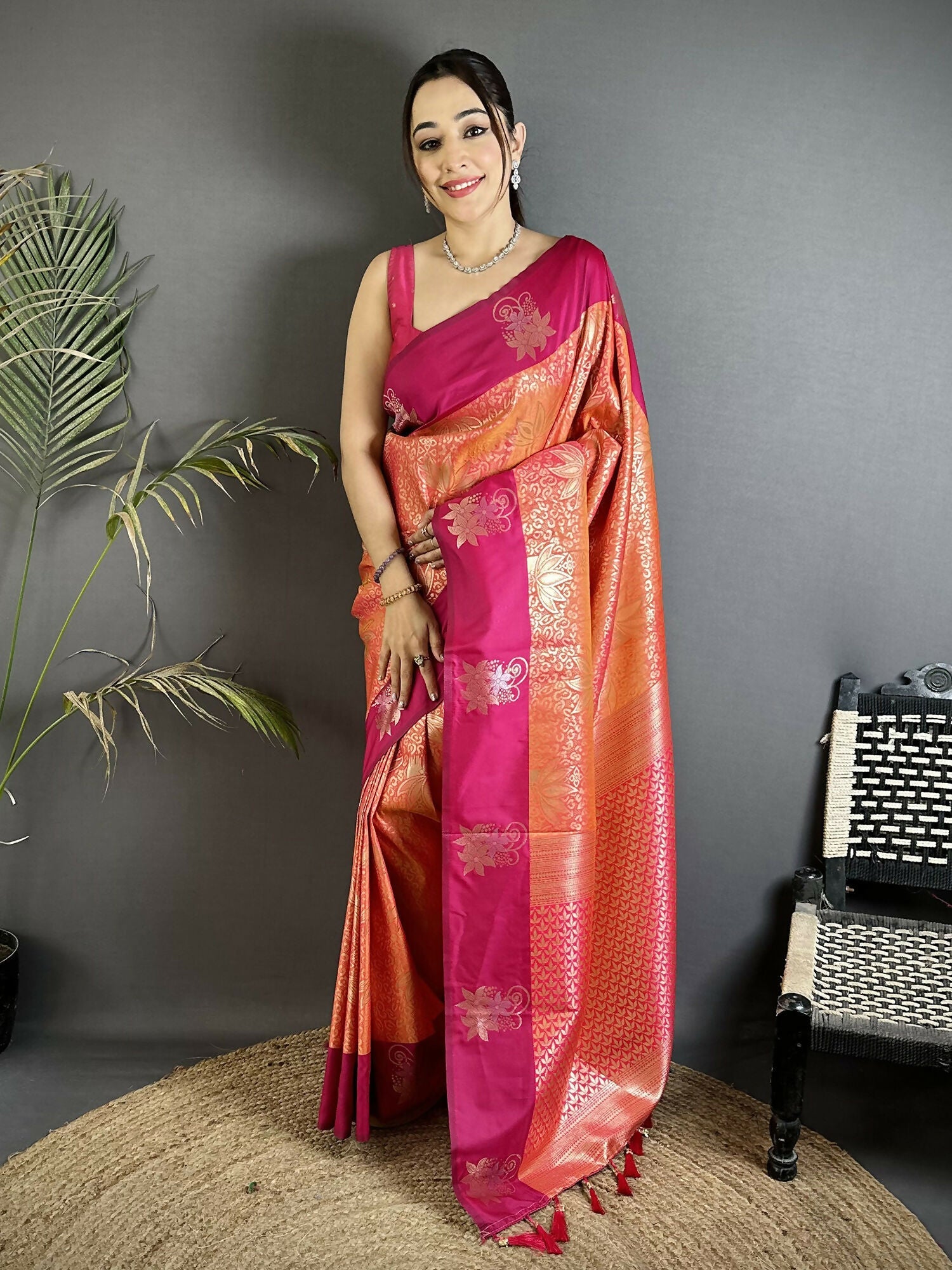 Joban Fashion Orange Intricate Zari Weaving Soft Silk Dharmavaram Saree | Grocsy