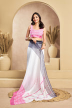 Vastranavya White Digital Printed Linen Ready To Wear Designer Saree with Unstitched Blouse | Grocsy