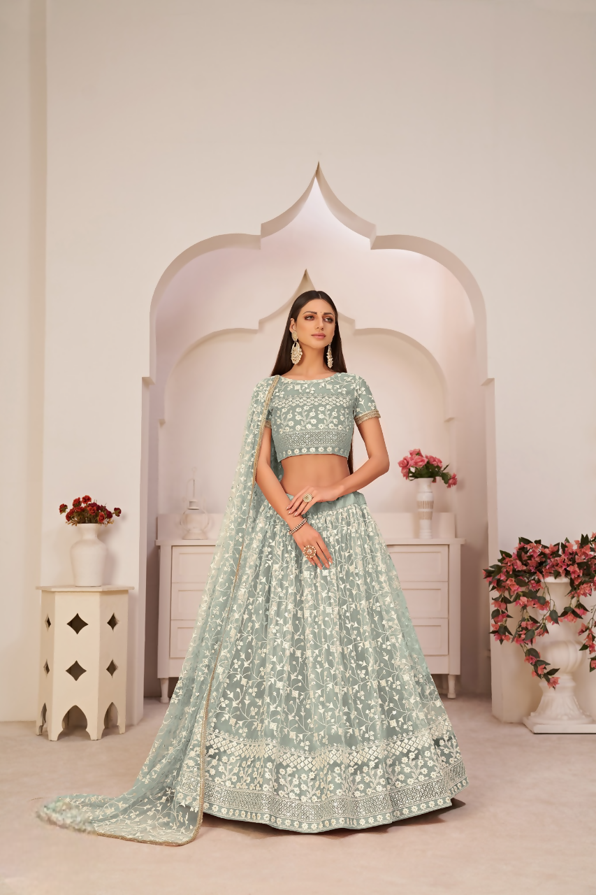 Eilara Women'S Eilara Women'S Green Butterfly Net Embroidered Thread Work Party Wear Lehenga Choli | Grocsy