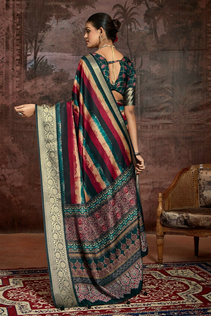 Joban Fashion Multicolor Art Silk With Fine Viscose Border Ajrak Full Body Print With Soft Finish Saree | Grocsy