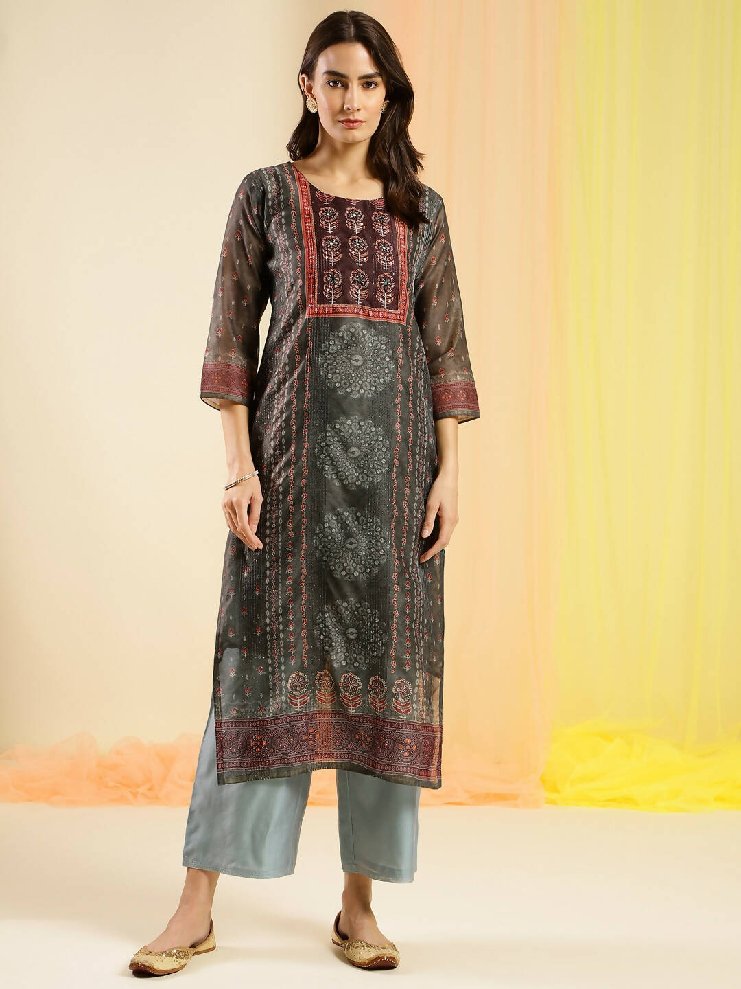 Dark Green Chinon Digital Printed With Hand Work Kurta - Himanshi | Grocsy