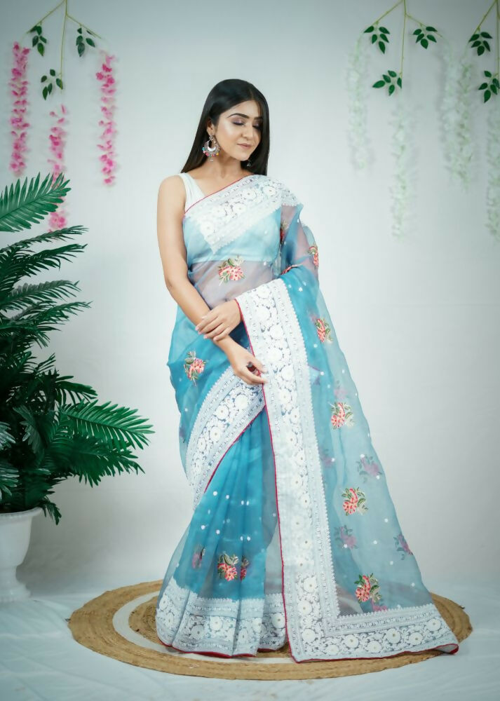Vamsee Patralekha Blue Organza Saree | Grocsy
