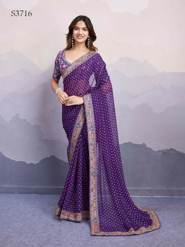 Purple Georgette Bandhani Printed,Embroidery Work Saree - Surkhi | Grocsy