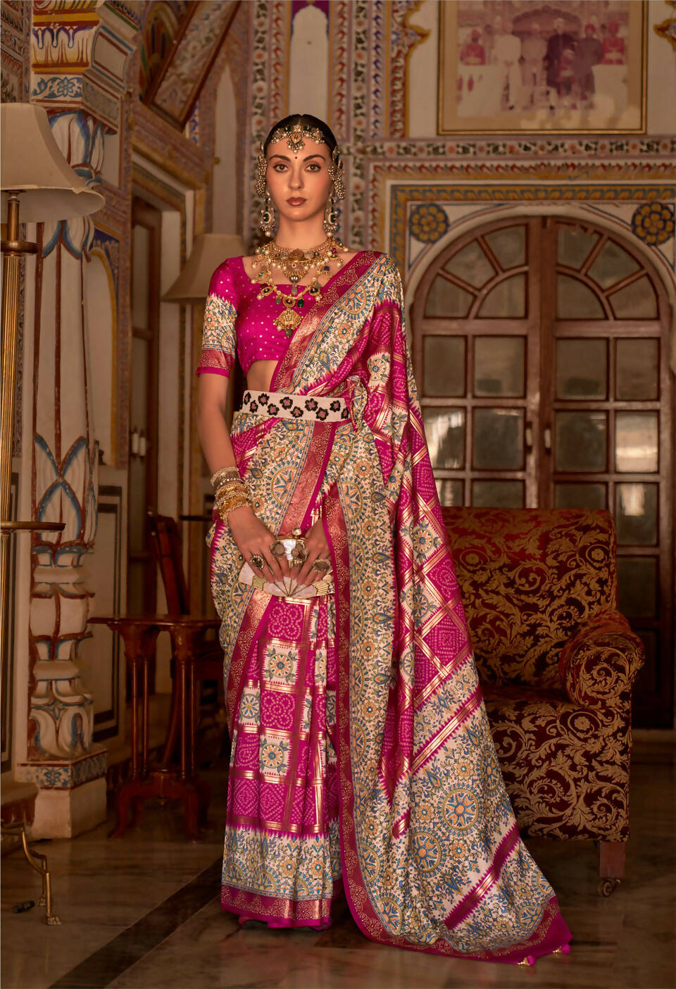 Strawberry Pink P V Silk Digital Print, Zari Work Printed Saree - Rewaa Parampara | Grocsy