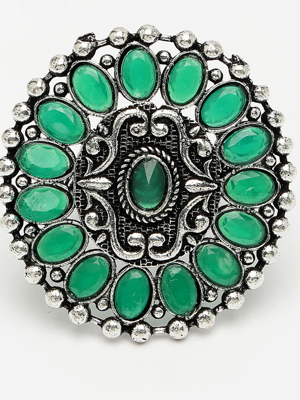 NVR Women's Green Silver-Plated Circular Shape Adjustable Finger Ring | Grocsy
