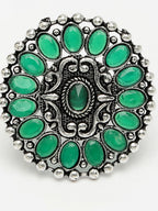 NVR Women's Green Silver-Plated Circular Shape Adjustable Finger Ring | Grocsy