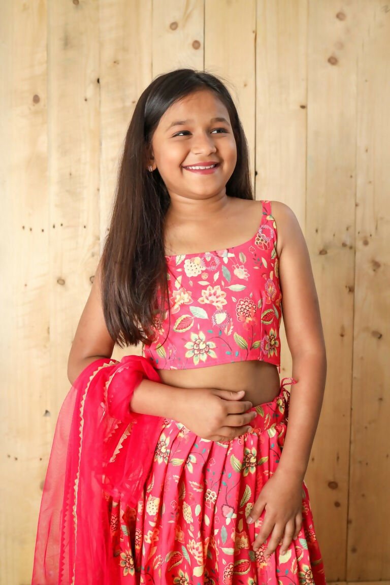 Aayaa Designer Printed Silk Embroidery Kids Lehenga Choli - Pink | Grocsy