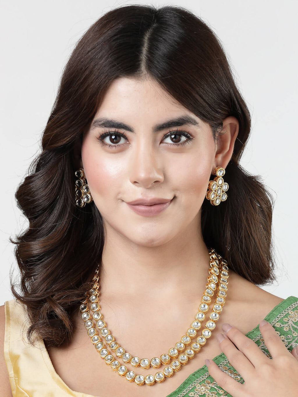 NVR Women's Gold-Polished Kundan 2 Layered Handcrafted Jewellery Sets With Drop Earrings | Grocsy