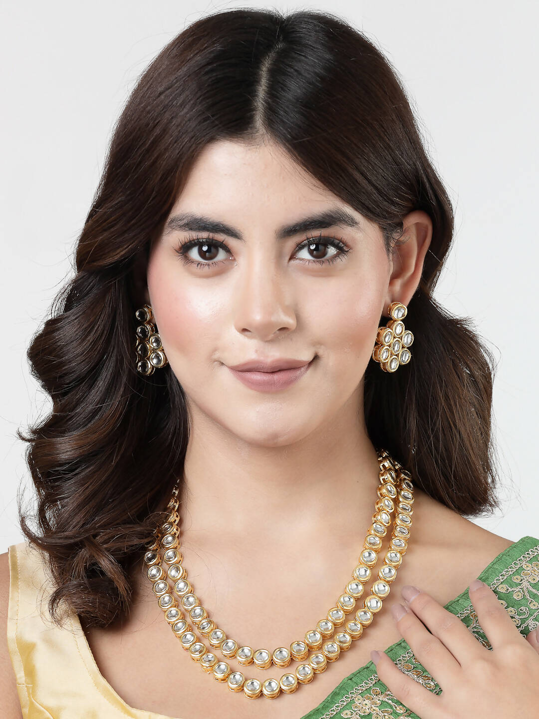 NVR Women's Gold-Polished Kundan 2 Layered Handcrafted Jewellery Sets With Drop Earrings | Grocsy
