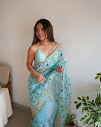 Vamsee Pushpa Sky Organza Saree | Grocsy