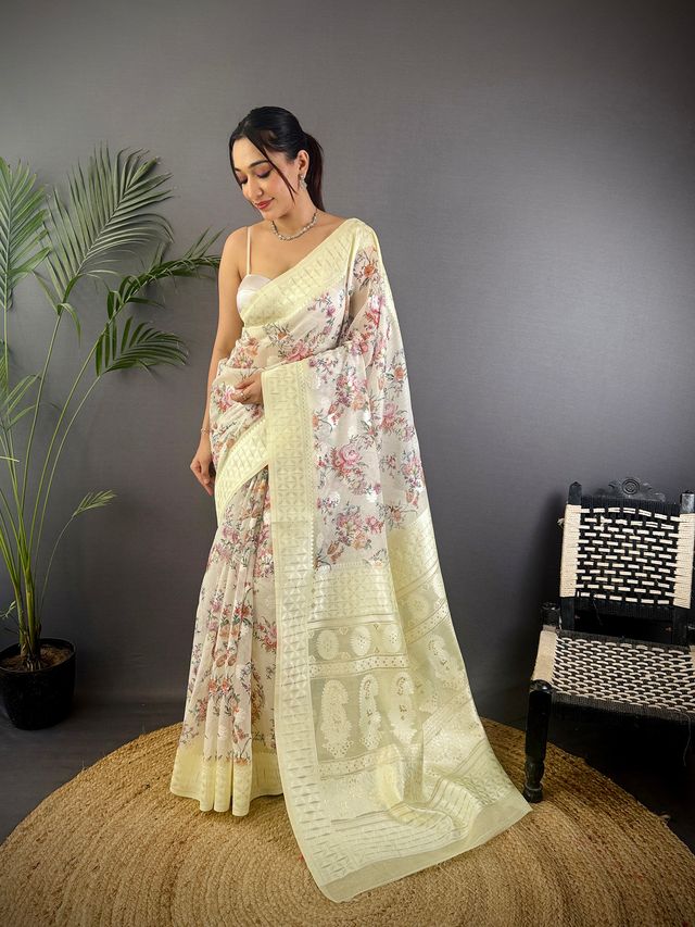 Elora Grey Silk Floral Motifs Coppery Tone Contrast Floral Border Banarasi Saree | Grocsy