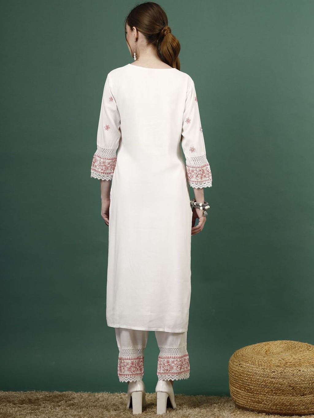 Sangria Embroidered Sequence Straight Kurta With Palazzo | Grocsy