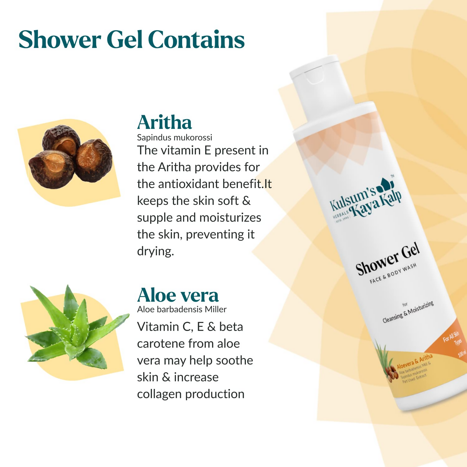 Kulsum's Kaya Kalp Shower Gel For Cleansing & Moisturizing With Aloe Vera & Aritha | Grocsy