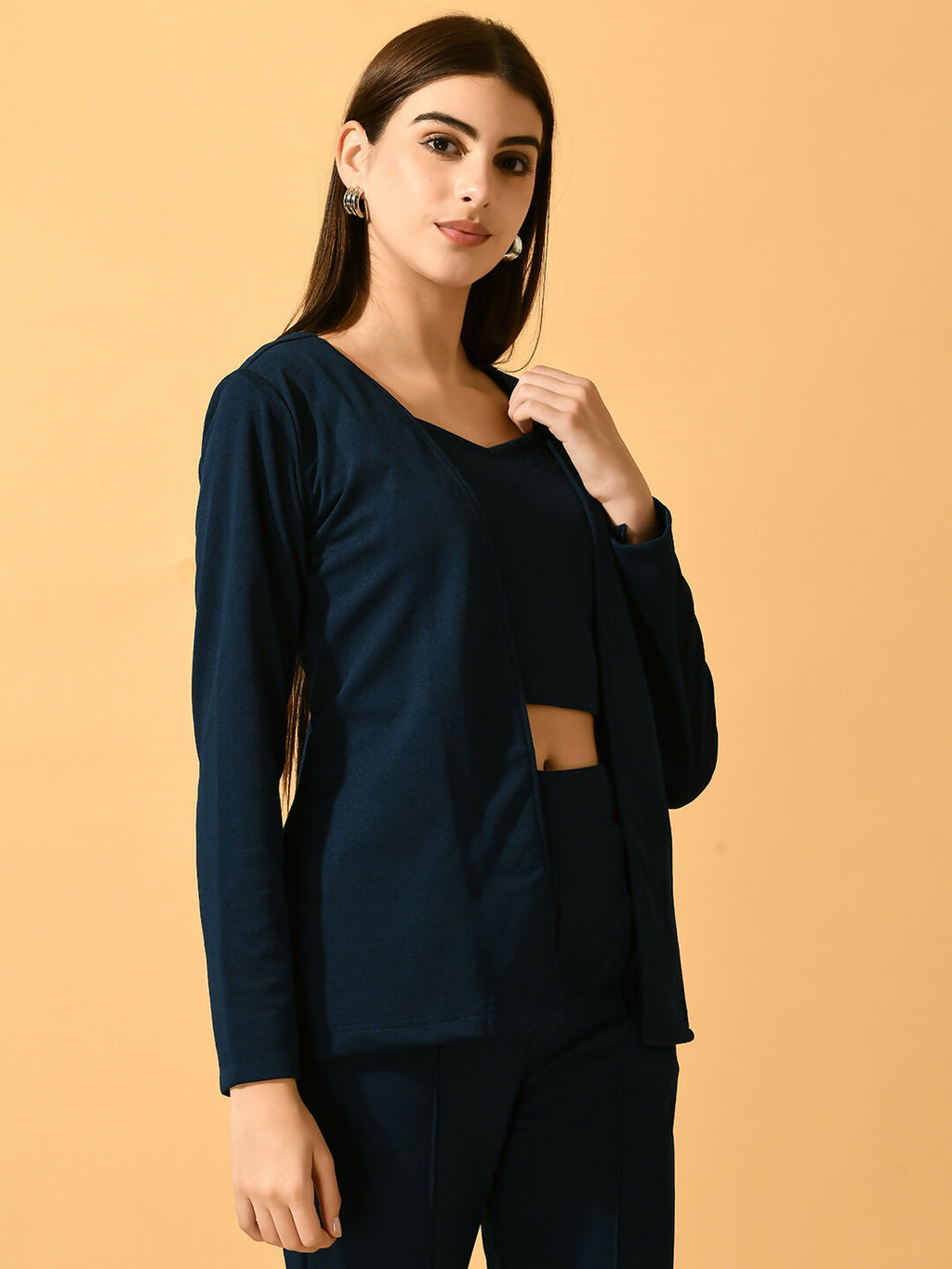 Myshka Women's Navy Blue Solid Coat With Trousers | Grocsy