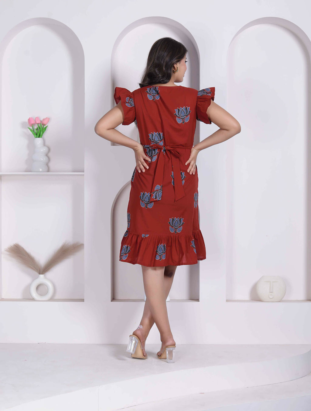 Miravan Women Empire Waist Rust Mini Length Dress | Grocsy