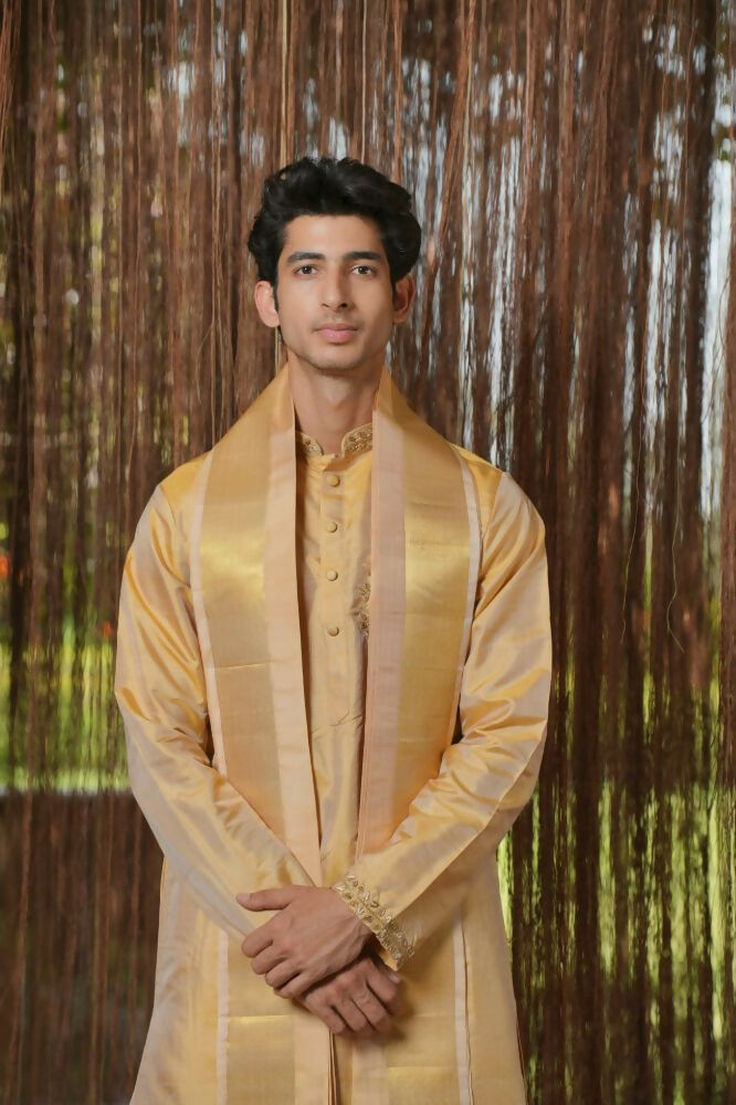 Gold Mirage Kanjivaram Machien Embroidered Pattu Set by Hilo Design | Grocsy