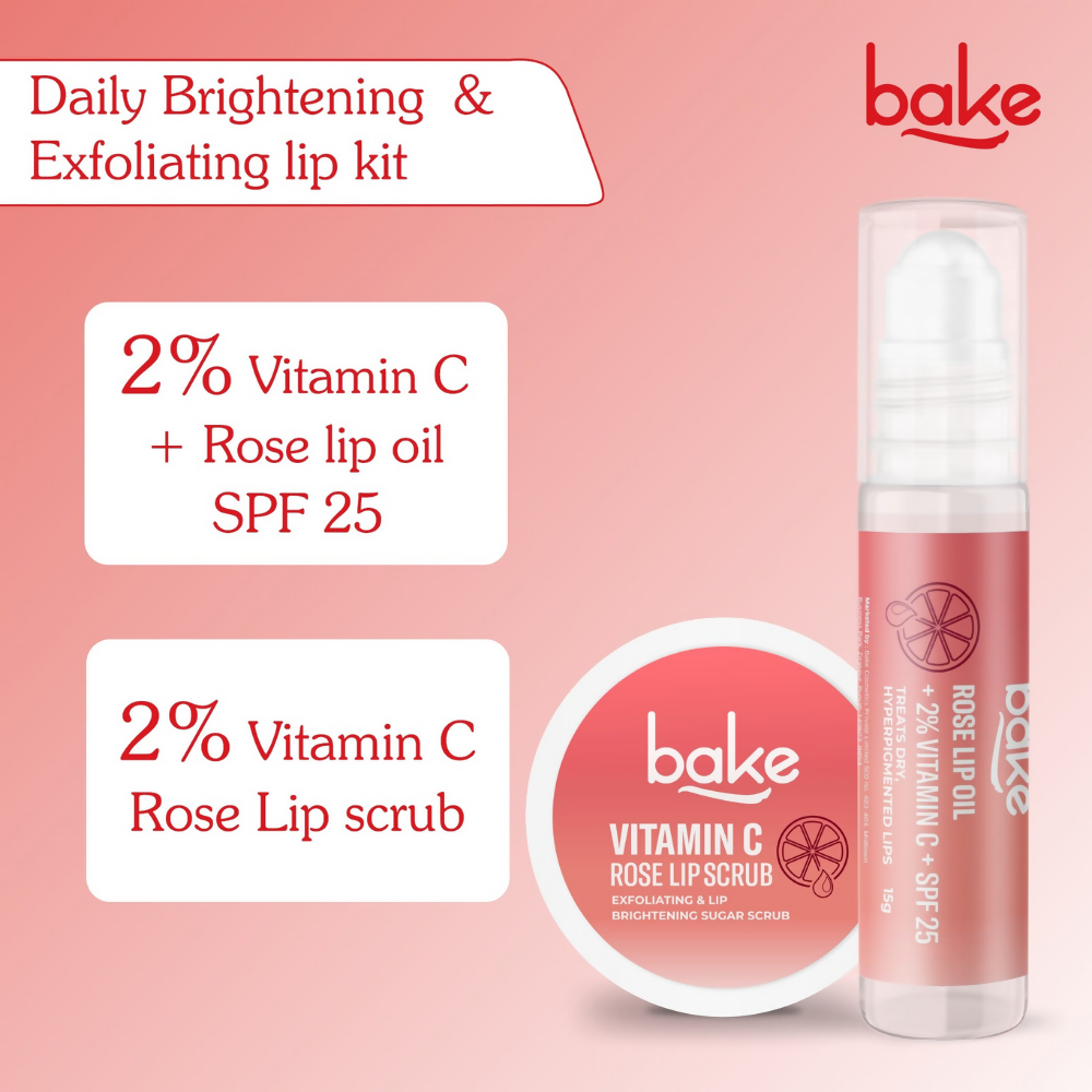 Bake Vitamin C Rose Lip Kit With Lip Balm SPF 25 & Lip Scrub For Dark & Pigmented Lips | Grocsy