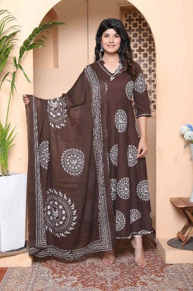 Miravan Womens Brown Animal Printed Anarkali Kurta With Dupatta Set | Grocsy