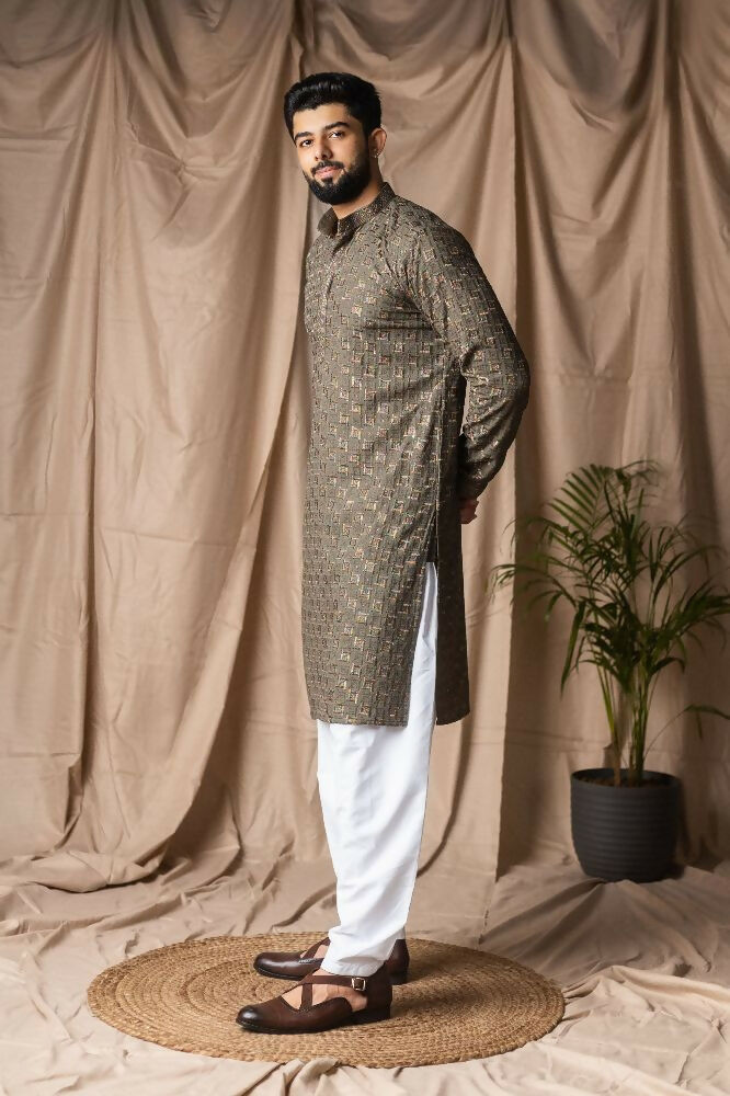 Mehandi Green Rayon Thread Embroidery Work Kurta Set - Mahotsav | Grocsy