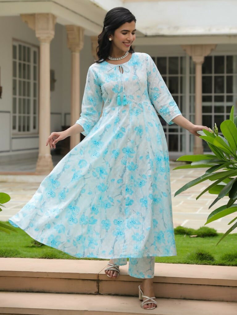 Aramya Flared Textured Cotton Floral Print Women's Kurta - White | Grocsy
