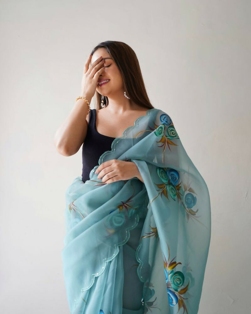 Vamsee Urvashi Blue Organza Saree | Grocsy